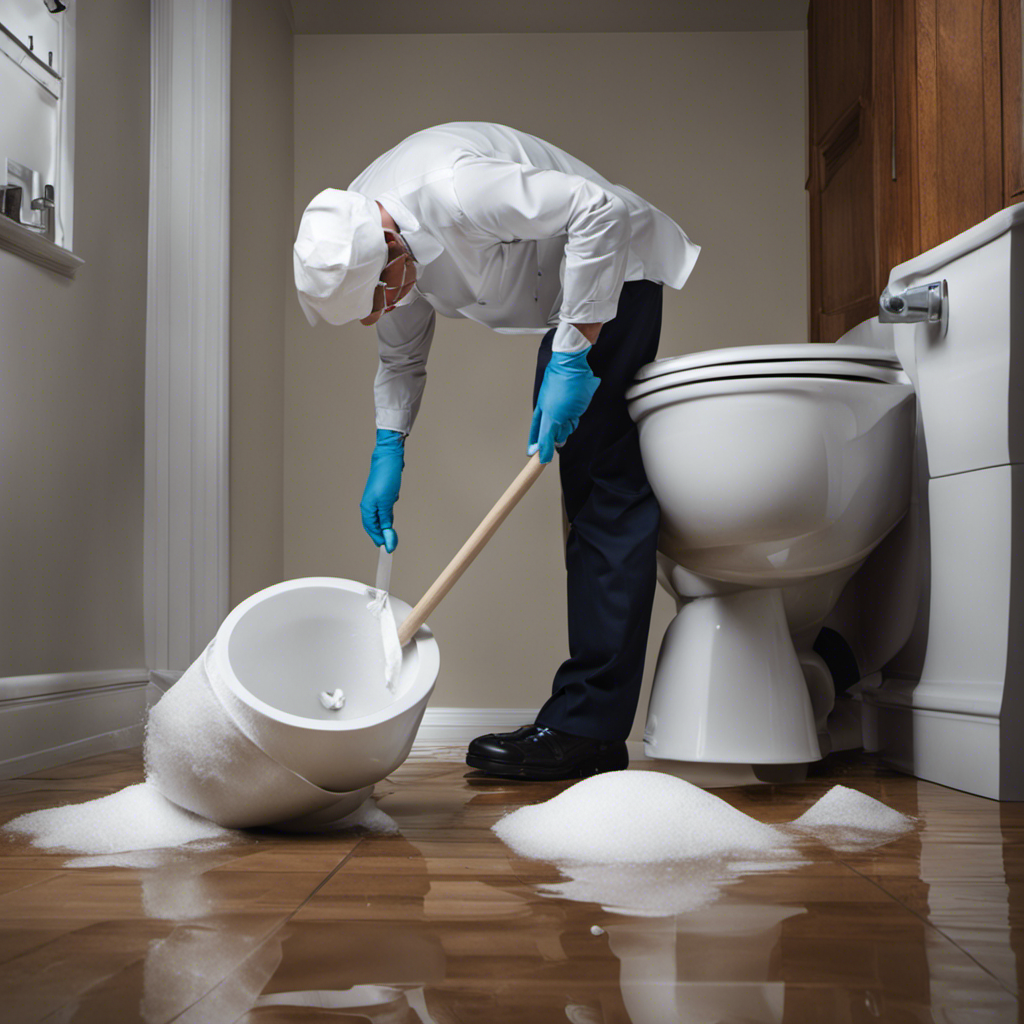 An image of a person wearing rubber gloves, holding a plunger, bent over a clogged toilet