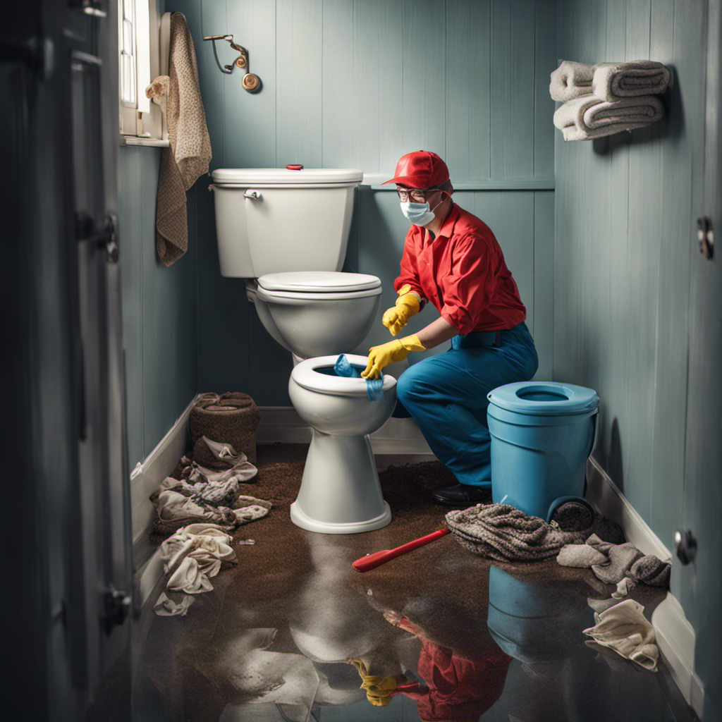An image showcasing a person wearing rubber gloves, holding a plunger, standing in front of a clogged toilet