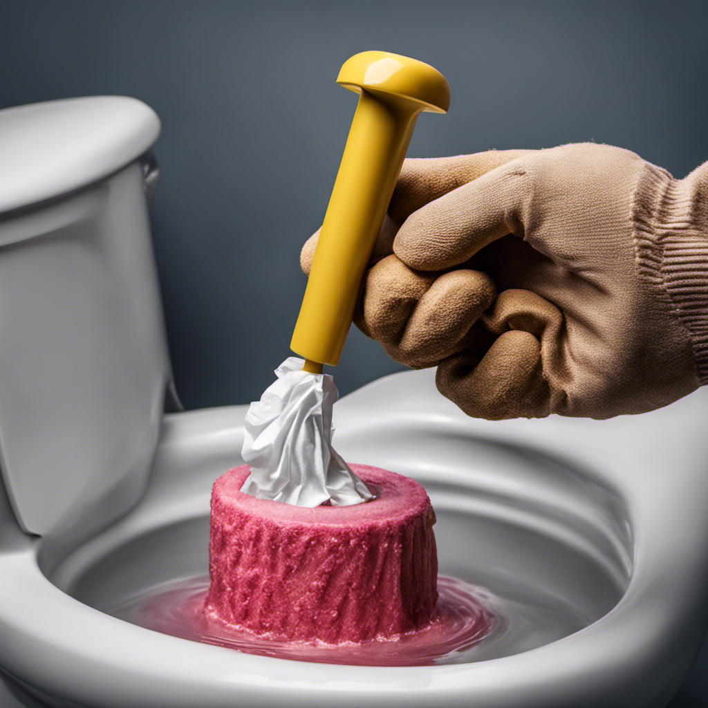 An image showcasing a hand wearing a rubber glove holding a plunger, positioned next to a clogged toilet bowl filled with water and tissue