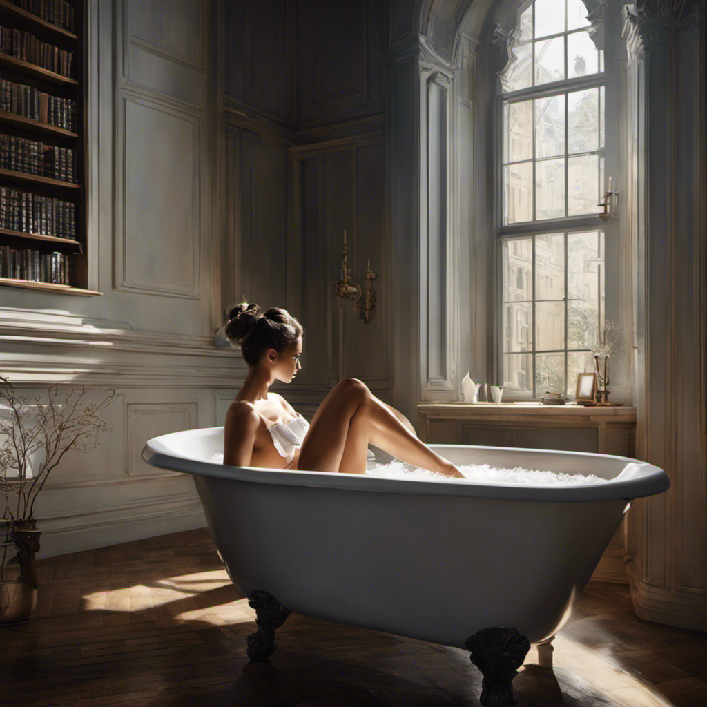 An image of a person sitting in a bathtub that is excessively long, with their legs dangling over the edge