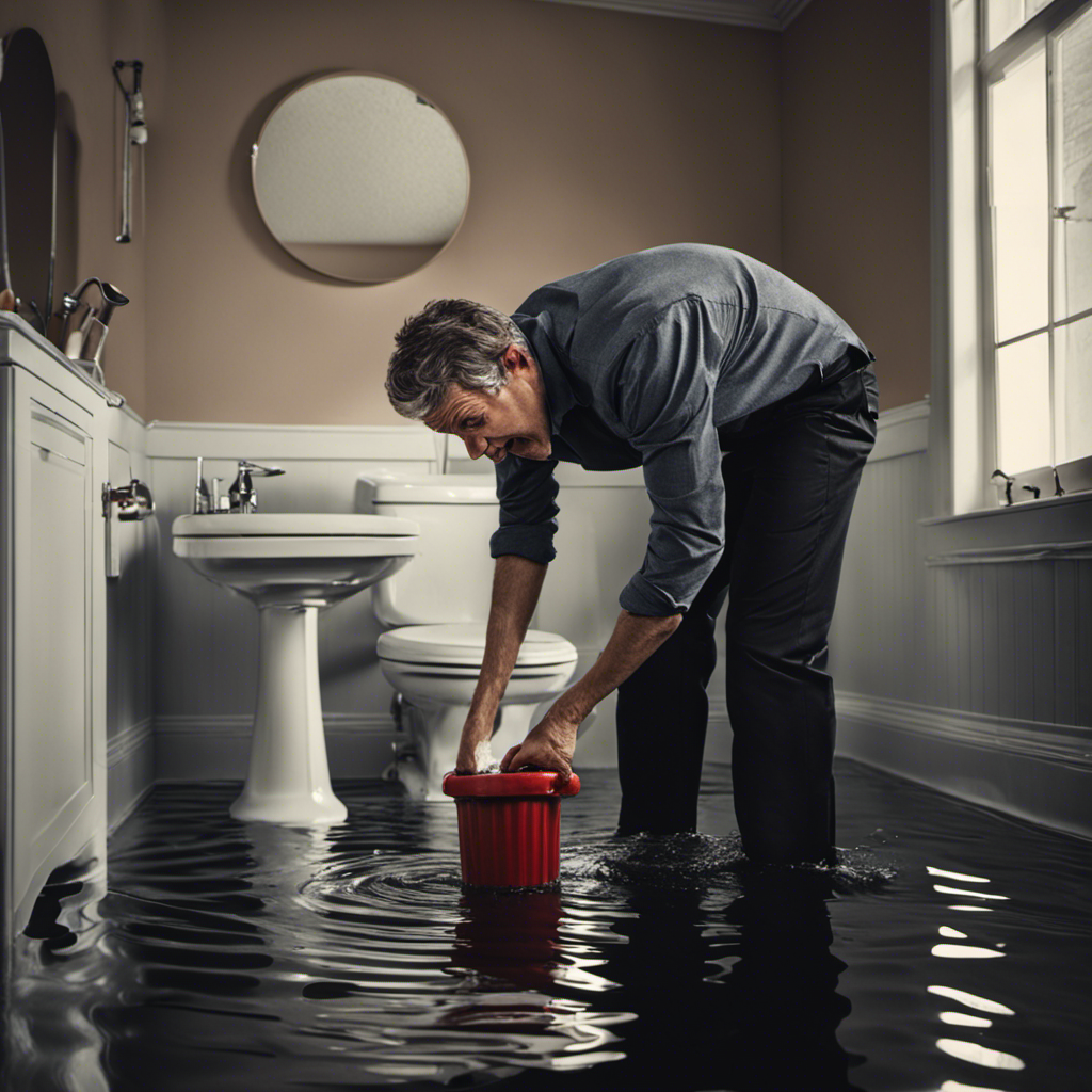 An image showcasing a frustrated person holding a plunger, standing in a bathroom flooded with water, with a blocked toilet visible in the background