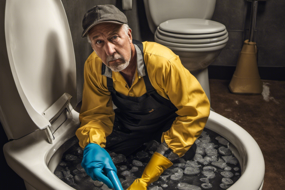 An image depicting a person wearing rubber gloves, holding a plunger, and leaning over a clogged toilet