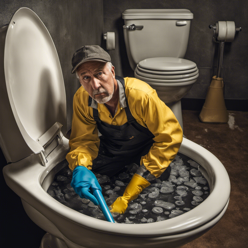 An image depicting a person wearing rubber gloves, holding a plunger, and leaning over a clogged toilet