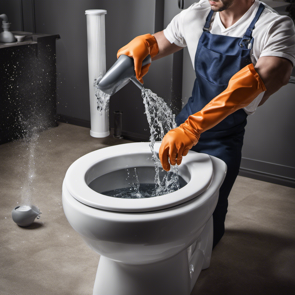 An image featuring a person wearing gloves, gripping a plunger, and forcefully plunging a toilet