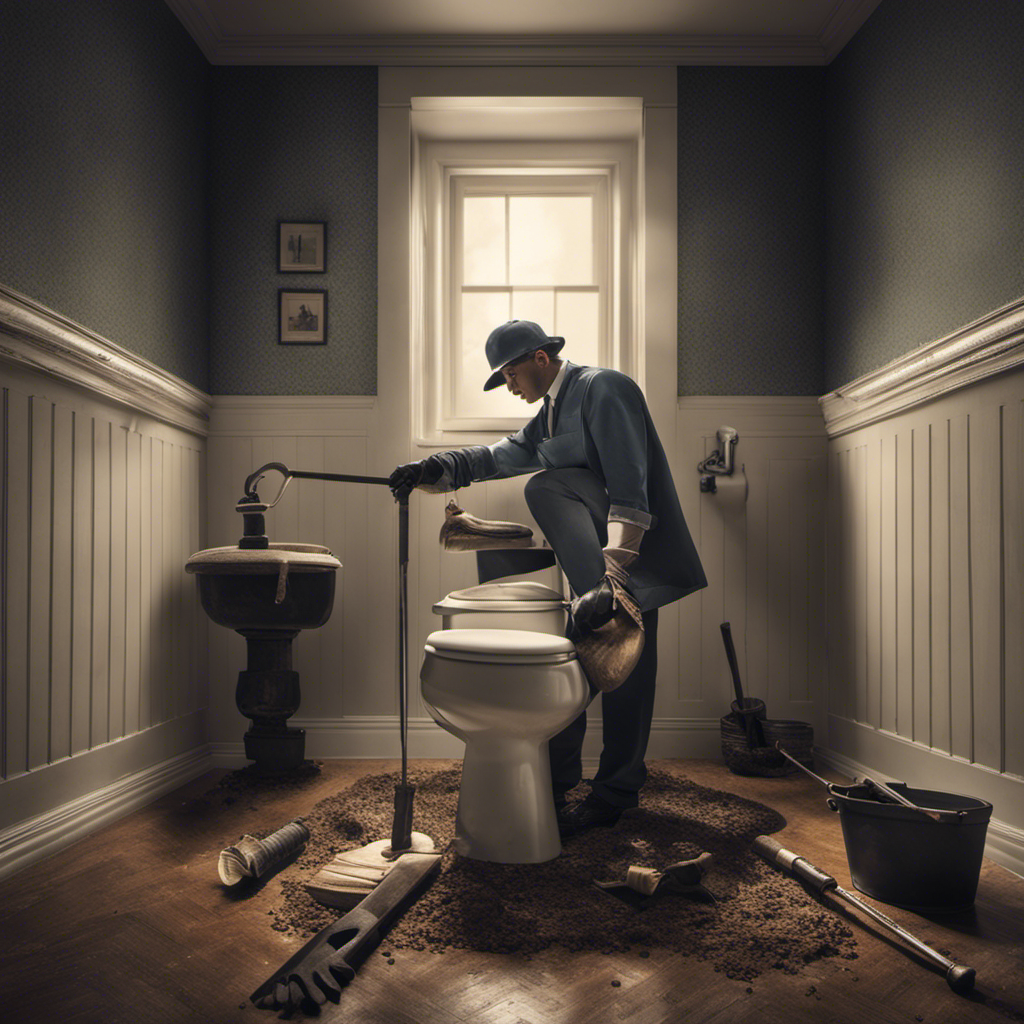 An image showing a person wearing rubber gloves, holding a plunger, a bucket, and a wrench, while standing in front of a clogged toilet