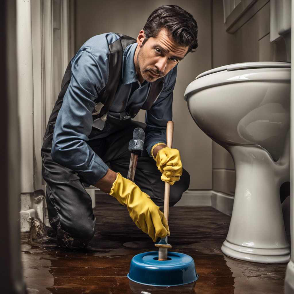 An image featuring a person wearing rubber gloves, holding a plunger, kneeling beside a clogged toilet