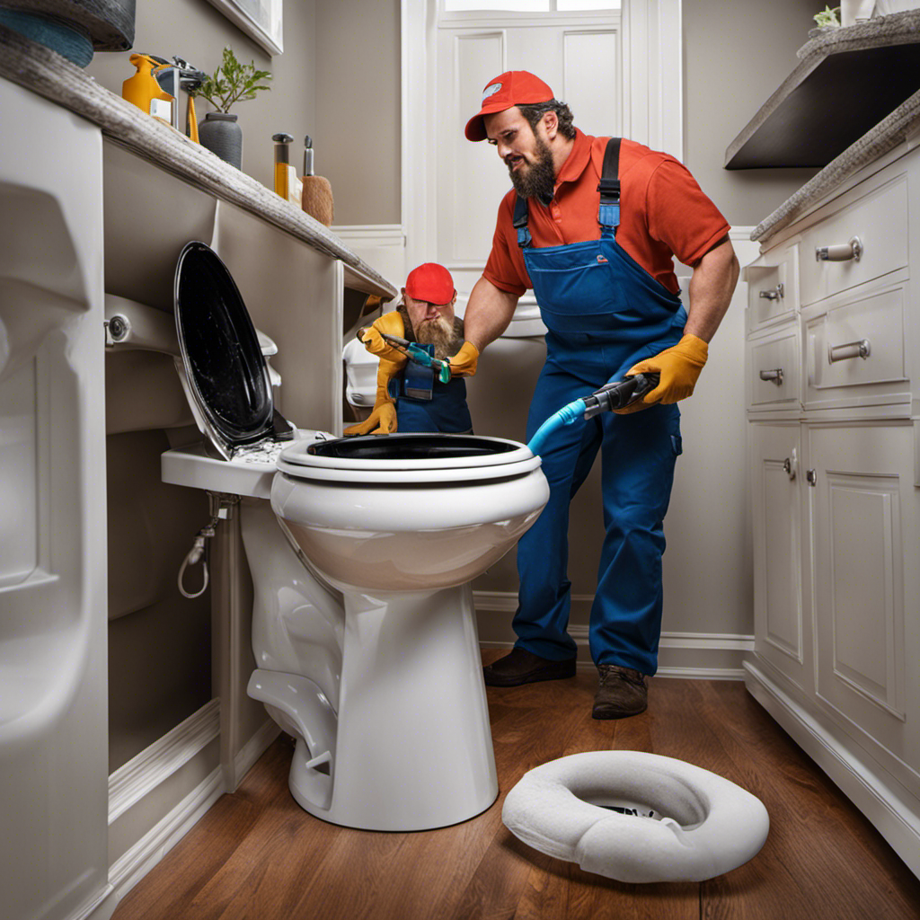 An image showcasing a frustrated person attempting various DIY methods to unclog a toilet, while a professional plumber stands nearby, ready to assist with specialized tools and expertise