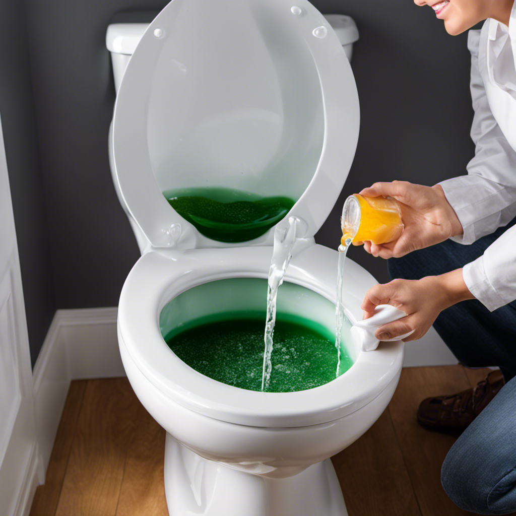 An image showcasing a person pouring a mixture of vinegar and baking soda into a toilet bowl, with fizzing action and bubbles, representing the process of using a natural clog remover
