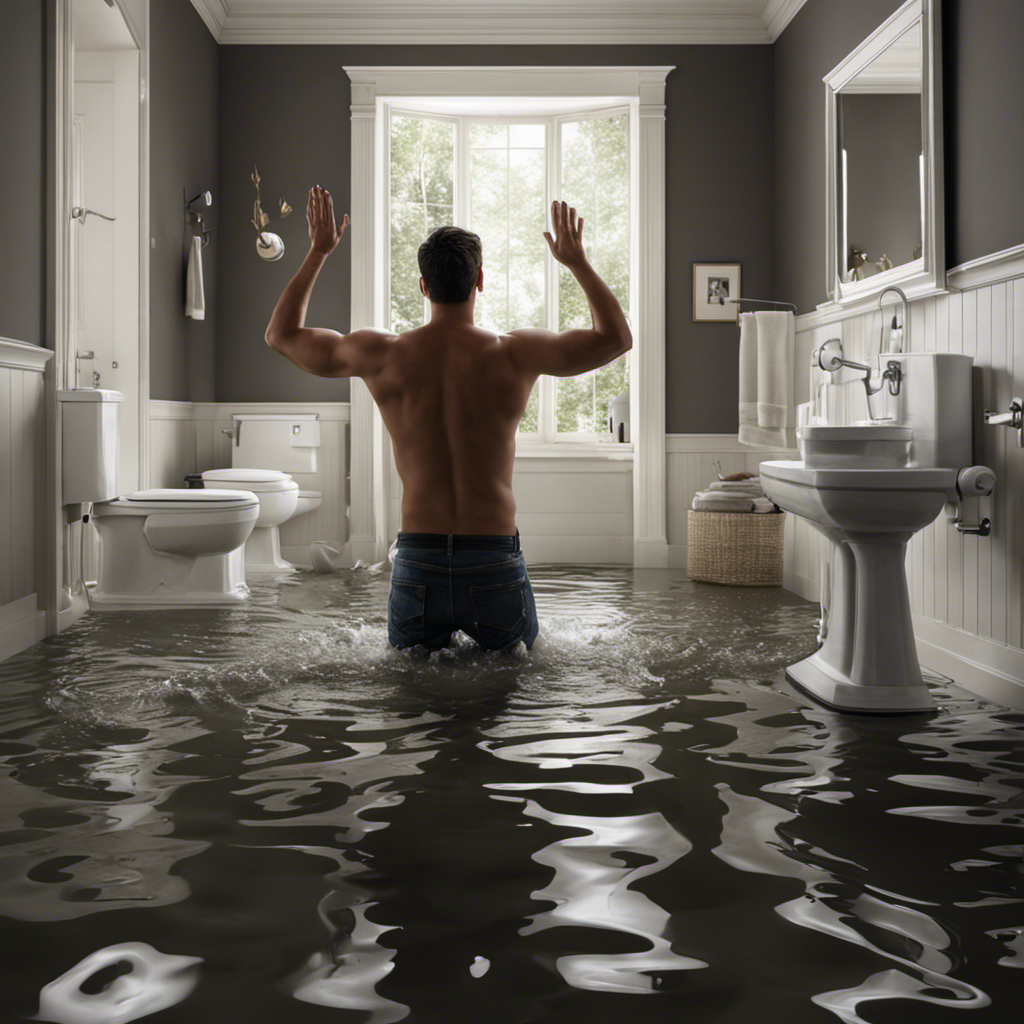 An image that portrays a person frantically waving their hands in the air, surrounded by a flooded bathroom floor