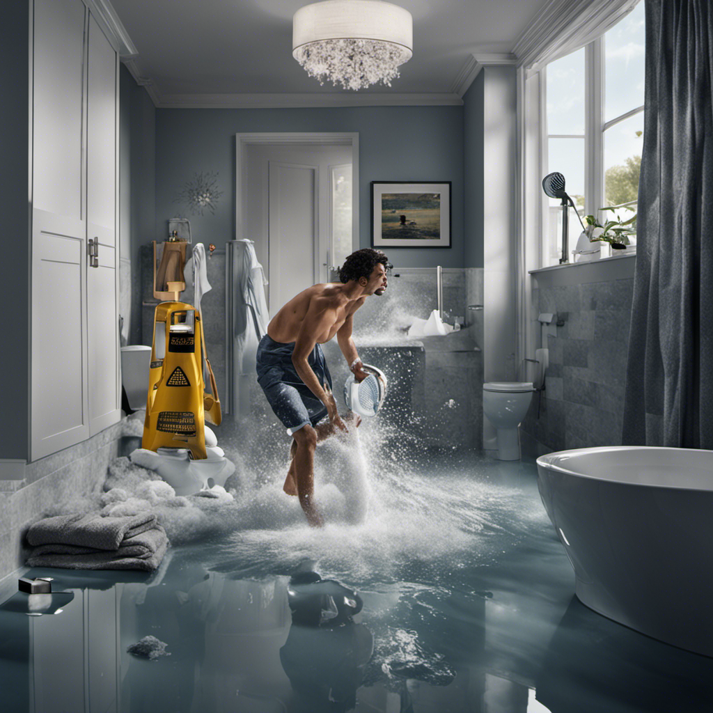 An image capturing a chaotic bathroom scene: water gushing from a toilet, pooling on the floor, a plunger and mop nearby, a panicked individual desperately reaching for towels, and a concerned onlooker holding a phone, ready to call for professional help