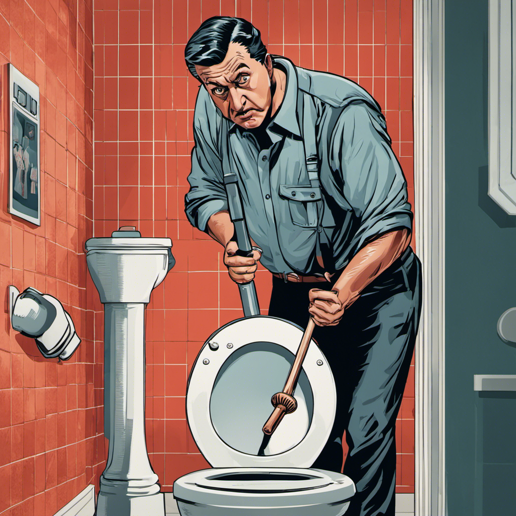An image that showcases a person standing in front of a toilet, holding a plunger and looking frustrated