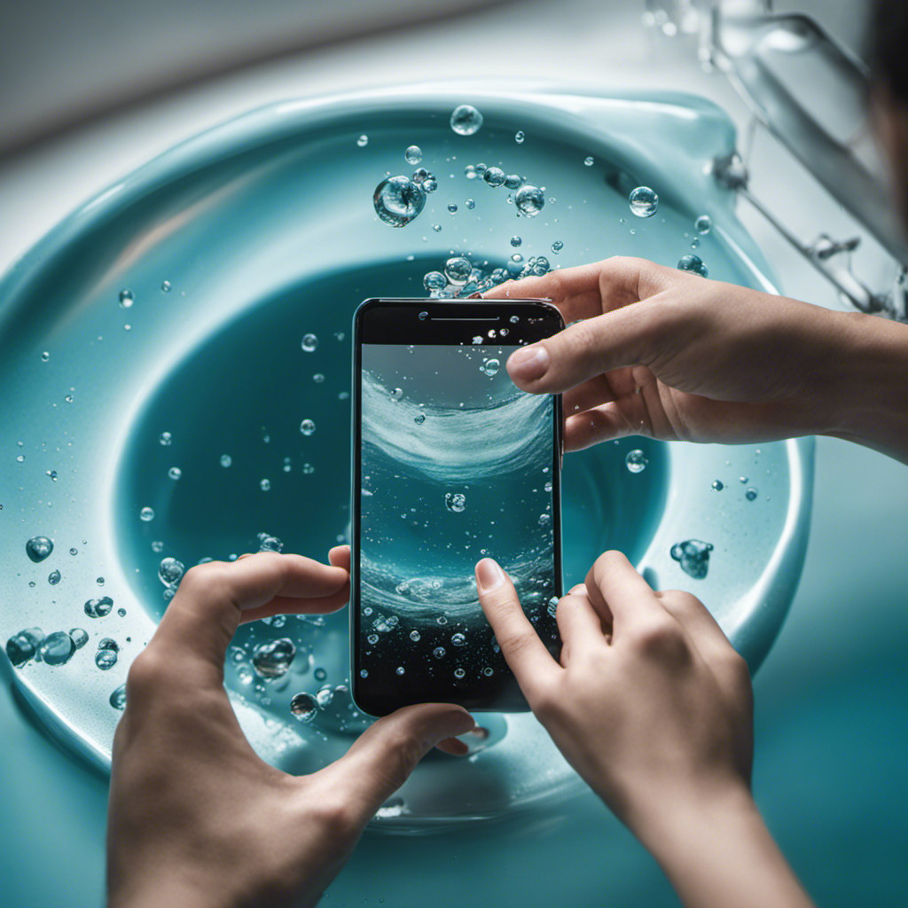 An image showcasing a toilet bowl with a submerged smartphone, surrounded by droplets of water