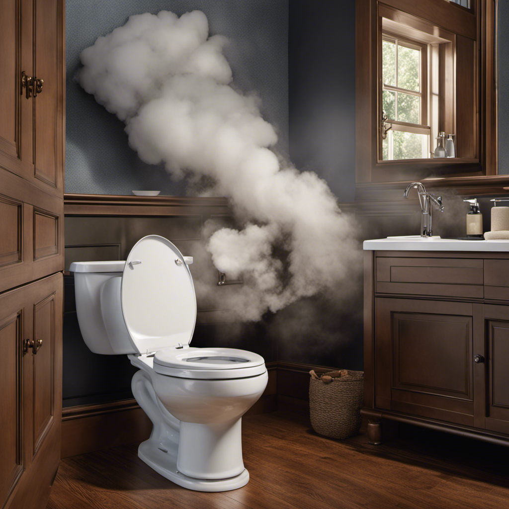 An image showcasing a worried homeowner staring at a toilet filled with foamy Drano, frantically gesturing towards a plumber's contact info on their phone, while a cloud of smoke ominously billows from the bowl