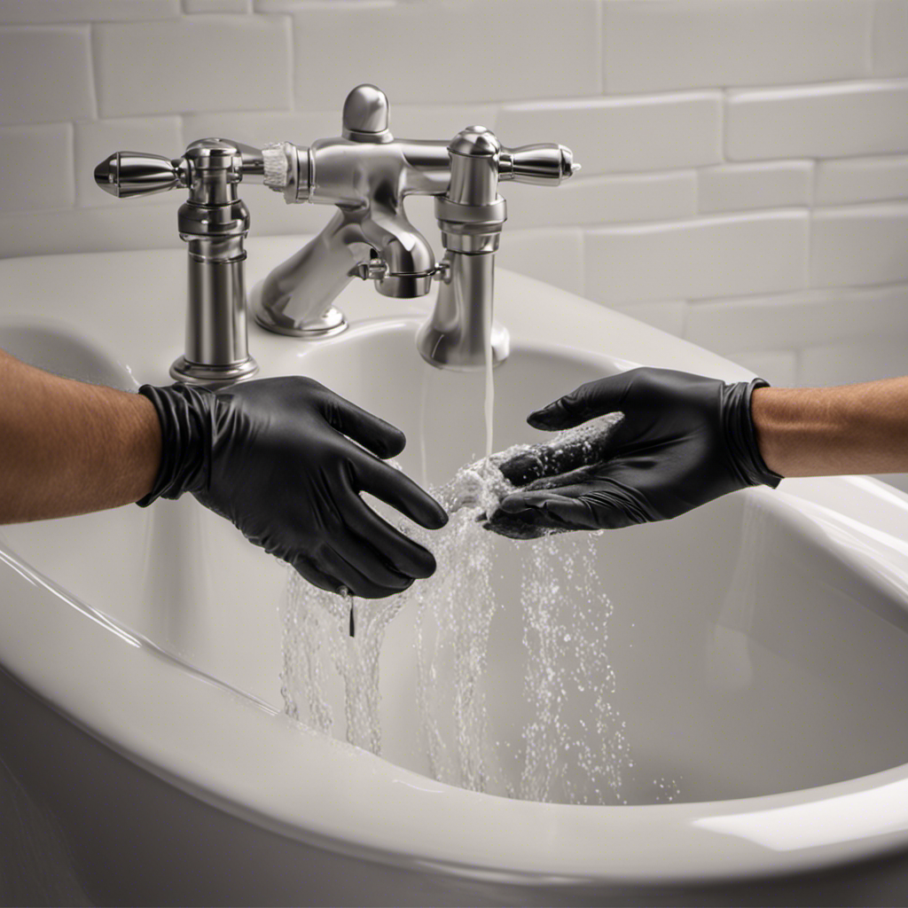 An image showcasing a pair of gloved hands using a plunger to unclog a bathtub drain