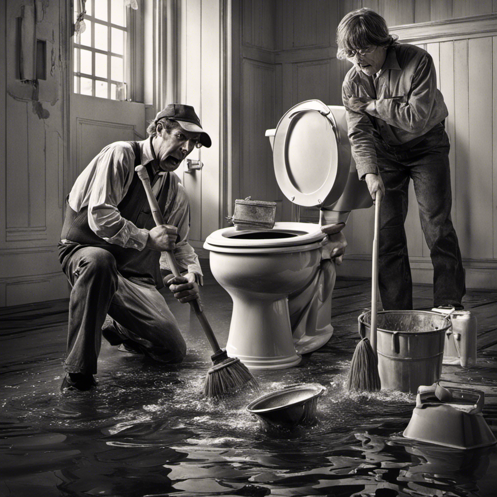 An image depicting a frustrated person holding a plunger, standing next to a clogged toilet overflowing with water, while another person nearby offers a bucket and mop, emphasizing the urgency and chaos of the situation