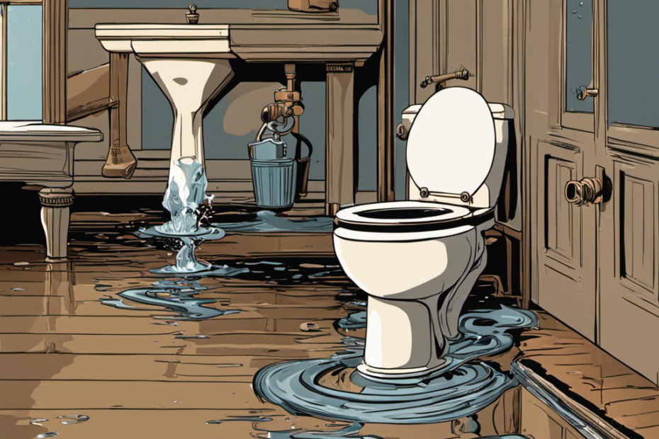 An image showcasing a panicked person urgently turning off a valve near a gushing toilet, while another person grabs a plunger nearby