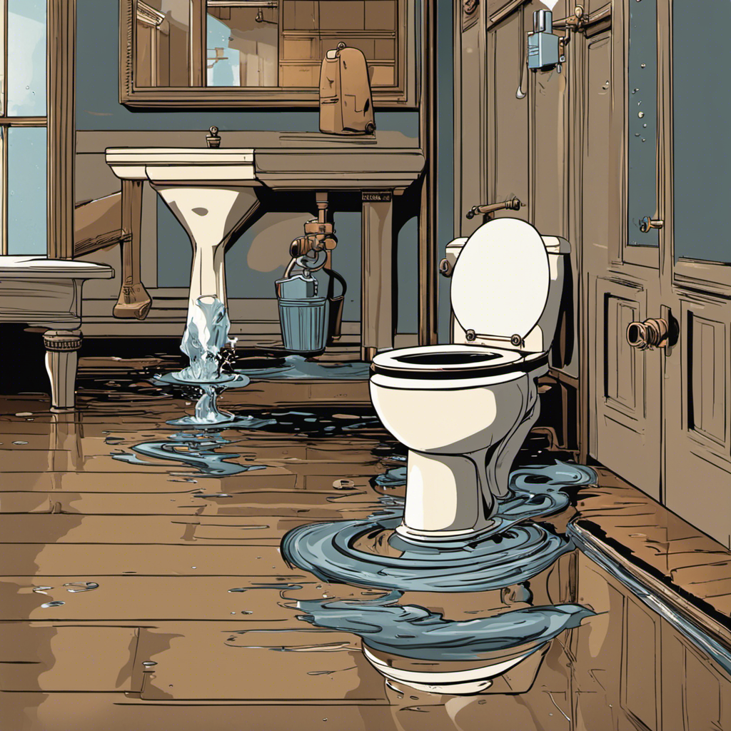 An image showcasing a panicked person urgently turning off a valve near a gushing toilet, while another person grabs a plunger nearby