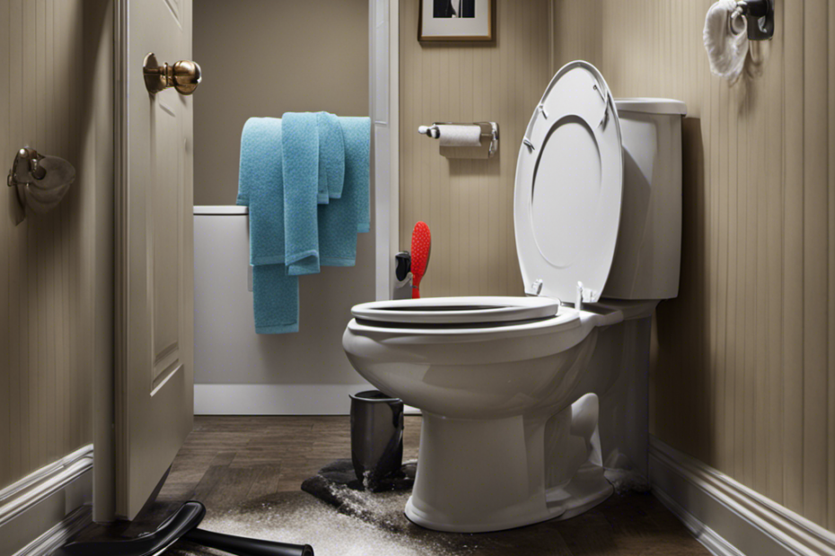 An image showcasing a person wearing rubber gloves, using a plunger to unclog a toilet while water spills over, with towels scattered nearby, highlighting the urgency and messiness of the situation