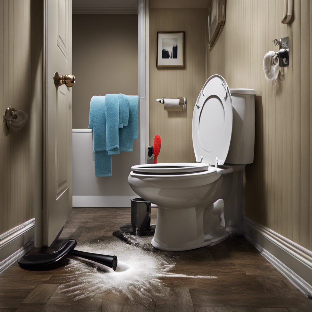 An image showcasing a person wearing rubber gloves, using a plunger to unclog a toilet while water spills over, with towels scattered nearby, highlighting the urgency and messiness of the situation