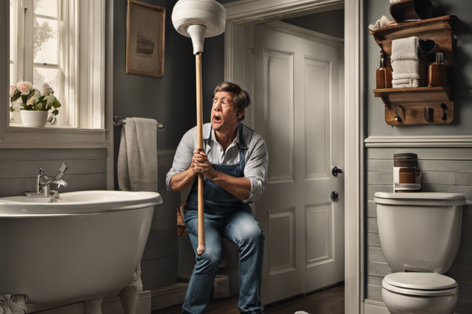 An image that showcases a frustrated person standing in a bathroom, holding a plunger with a puzzled expression while staring at a non-flushing toilet
