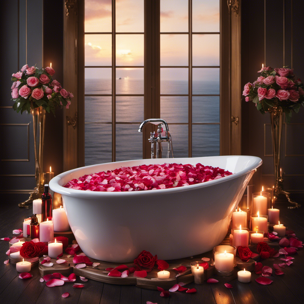 An image showcasing a serene bathroom scene with a steaming bathtub filled with rose petals, surrounded by flickering candles, fluffy towels, and a tray of indulgent bath products