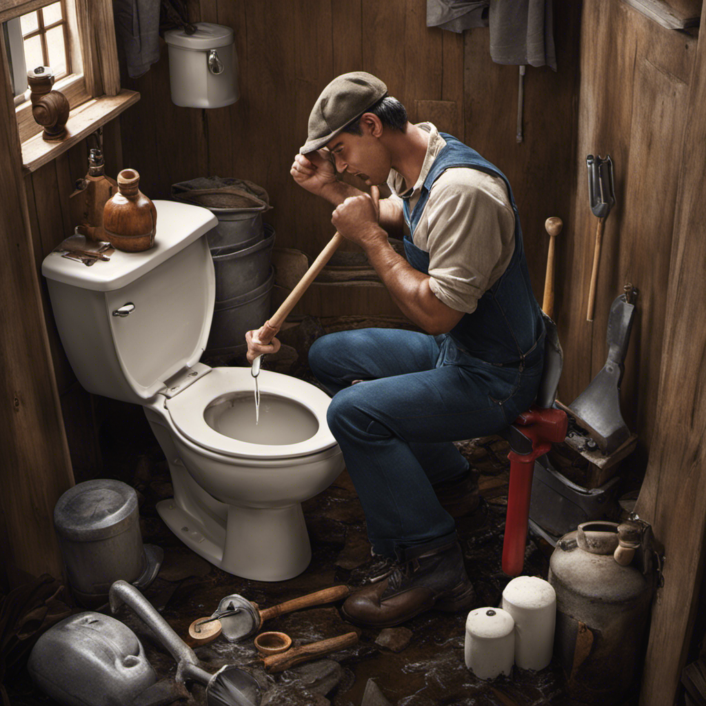 An image showcasing a frustrated person holding a plunger, facing a clogged toilet
