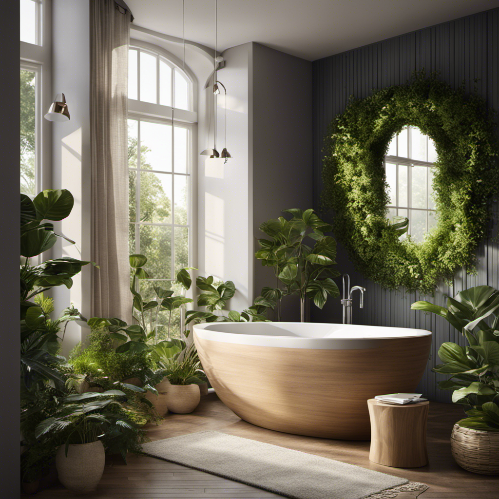 An image showcasing a serene bathroom environment with a person sitting on a comfortable toilet seat, surrounded by natural elements like plants, a window with sunlight streaming in, and gentle reading materials