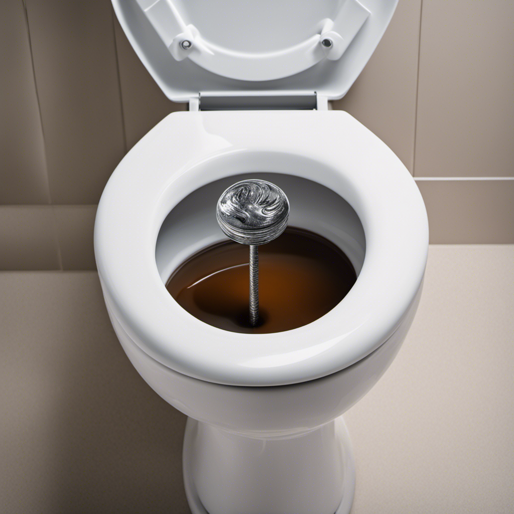 An image showcasing a close-up shot of a plunger positioned next to a toilet bowl filled with water, showcasing the frustration on someone's face as they desperately try to unclog it