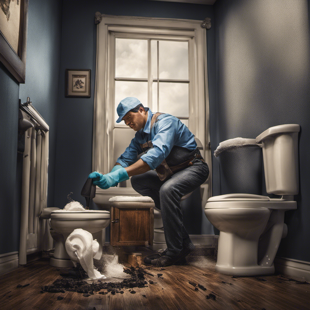 An image depicting a person wearing rubber gloves, holding a plunger, standing in front of a clogged toilet