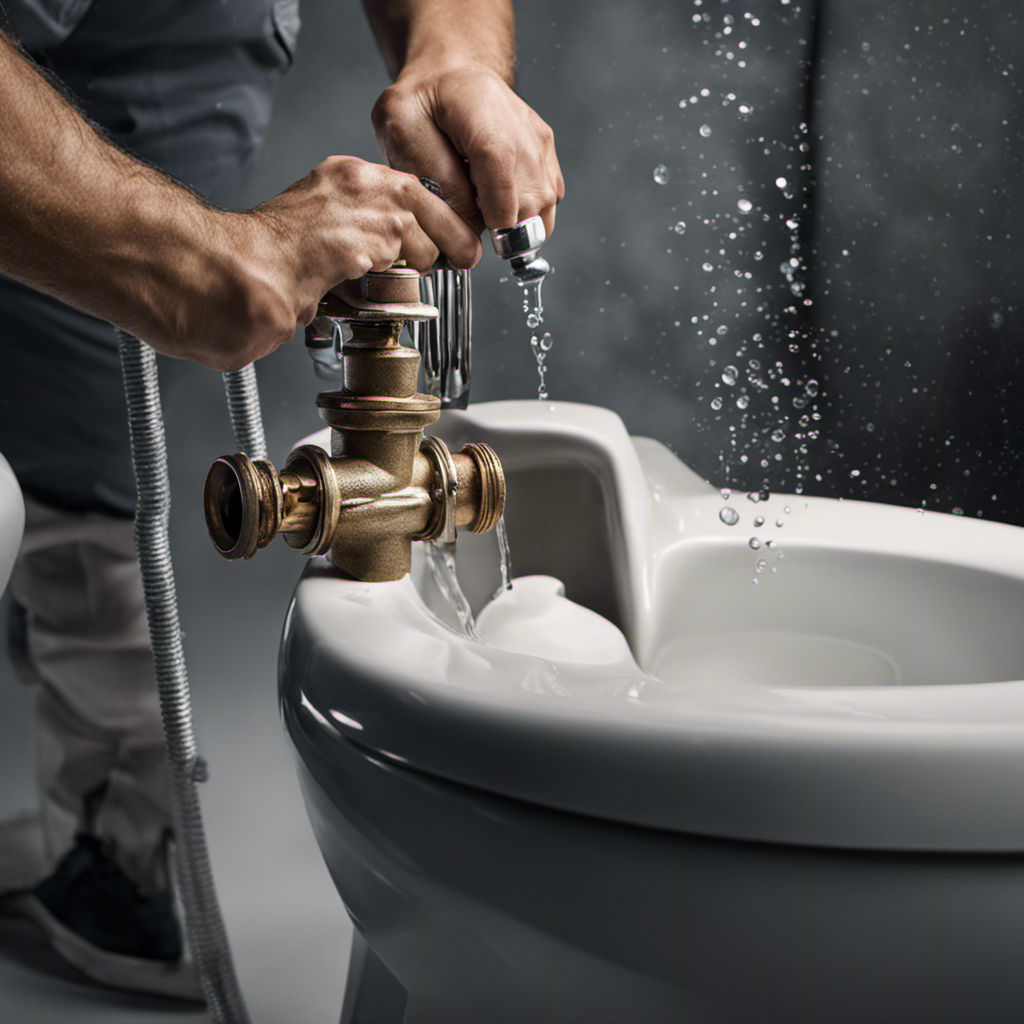 An image featuring a close-up view of a toilet tank with water overflowing, while a person stands nearby, holding a wrench and examining the flush valve