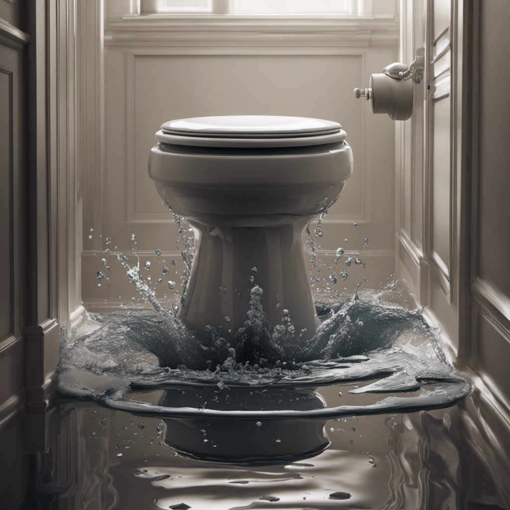 A visual that depicts a person frantically using a plunger to unclog a gushing toilet, while water overflows onto the bathroom floor, causing a puddle and scattered toilet paper