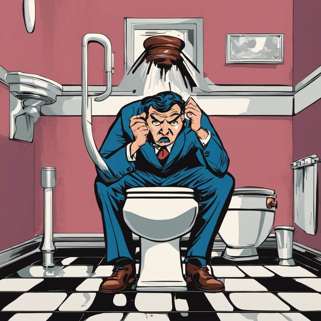 An image showing a frustrated person holding a plunger, standing in front of a non-flushing toilet