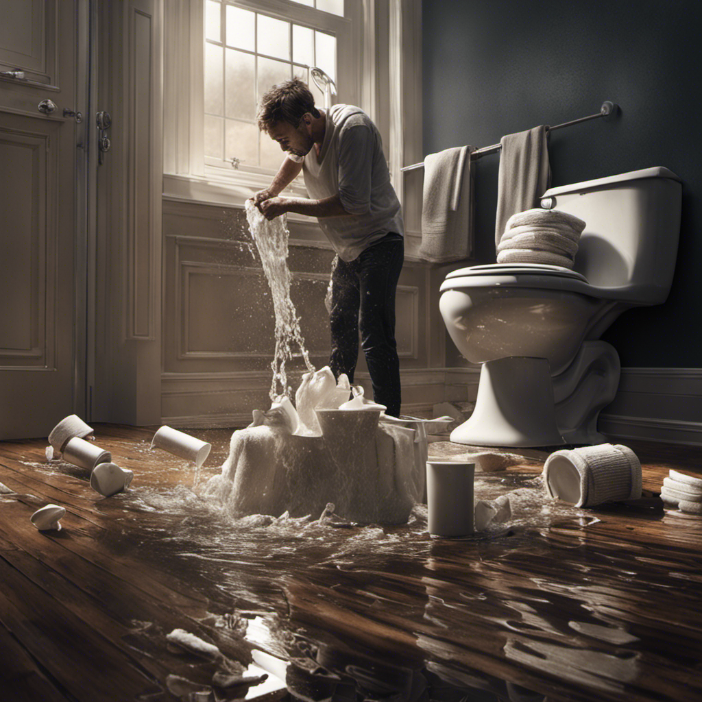 An image showcasing a person frantically reaching for a plunger as water gushes out from a toilet bowl, while towels and buckets lie nearby, depicting the chaotic aftermath of an overflowing toilet