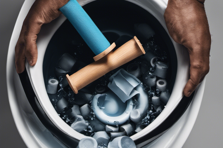 An image featuring a close-up view of a frustrated person's hand gripping a plunger, submerged in a toilet bowl filled with water, surrounded by scattered rolls of toilet paper and a toolbox nearby