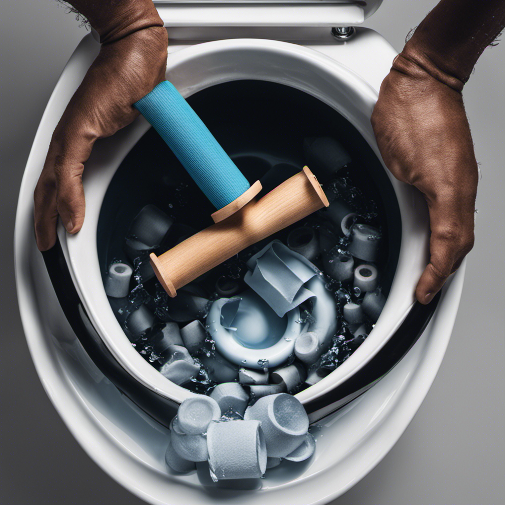 An image featuring a close-up view of a frustrated person's hand gripping a plunger, submerged in a toilet bowl filled with water, surrounded by scattered rolls of toilet paper and a toolbox nearby