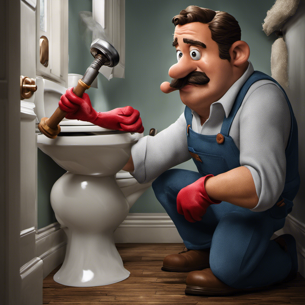 An image showcasing a plumber wearing gloves and using a plunger to unclog a toilet