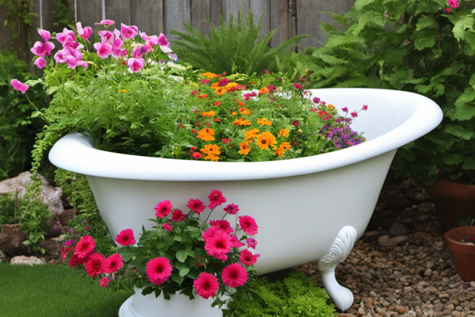 An image of a repurposed old bathtub transformed into a charming garden planter, adorned with vibrant flowers and cascading greenery, nestled in a cozy backyard corner, inspiring readers to upcycle their own tubs