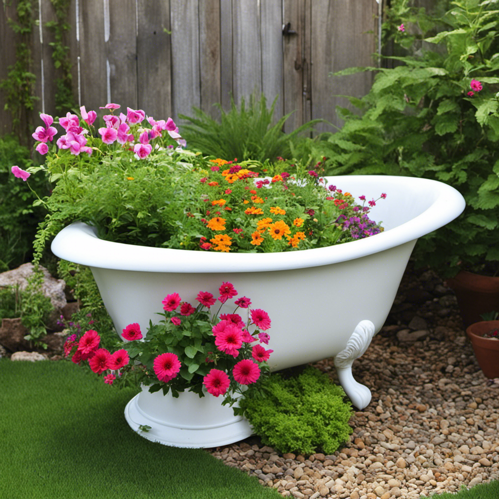An image of a repurposed old bathtub transformed into a charming garden planter, adorned with vibrant flowers and cascading greenery, nestled in a cozy backyard corner, inspiring readers to upcycle their own tubs