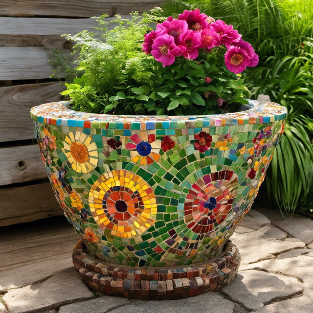 An image that showcases the creative potential of repurposing an old toilet: A vibrant mosaic garden planter with colorful flowers blooming from its bowl, nestled among lush green foliage