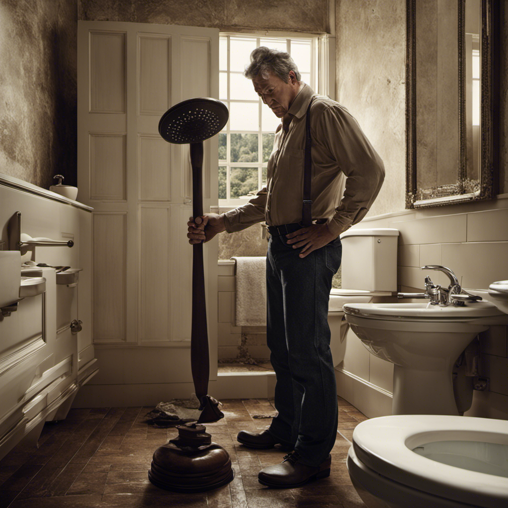An image capturing a frustrated individual standing in a bathroom, holding a plunger, with water overflowing from a clogged toilet
