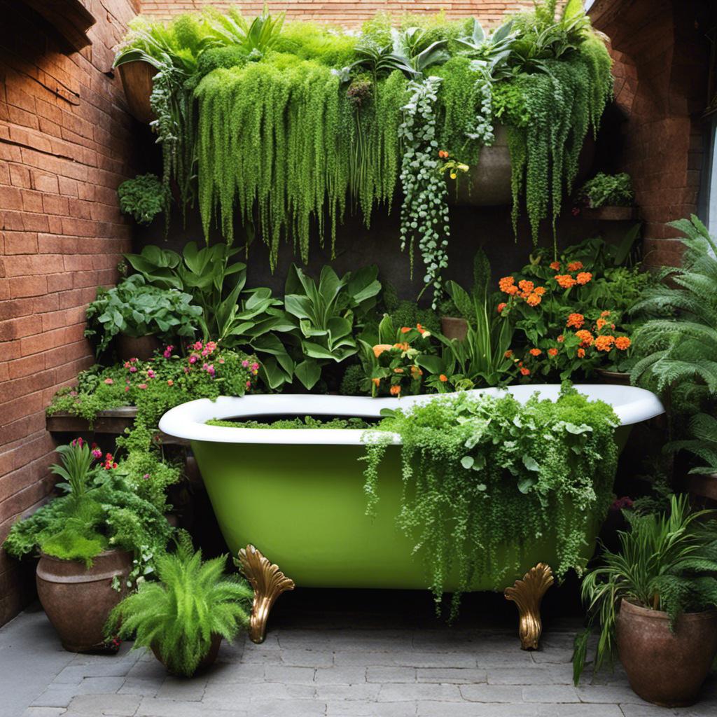 An image showcasing a repurposed old bathtub transformed into a lush vertical garden