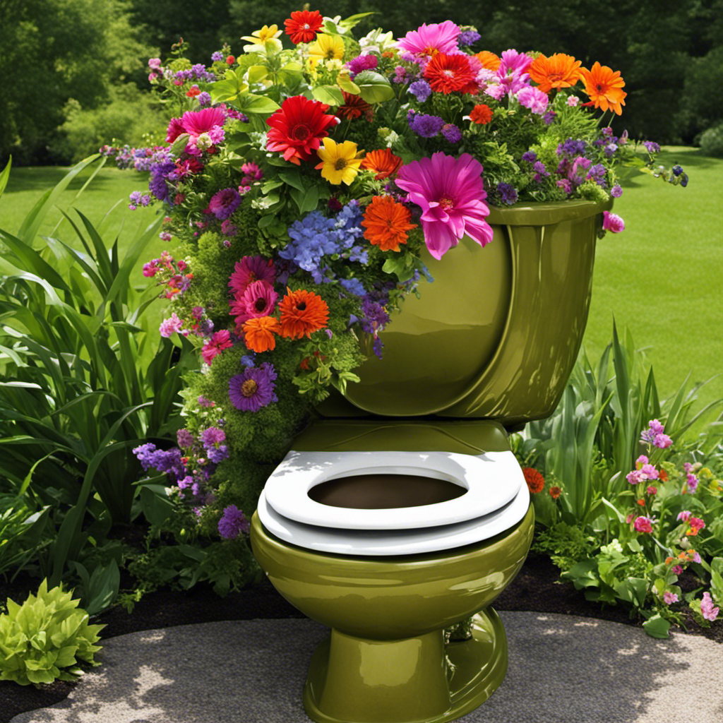 A visually striking image of a repurposed old toilet transformed into a vibrant flower planter, with colorful blooms spilling out of the bowl, adding a whimsical touch to any garden setting