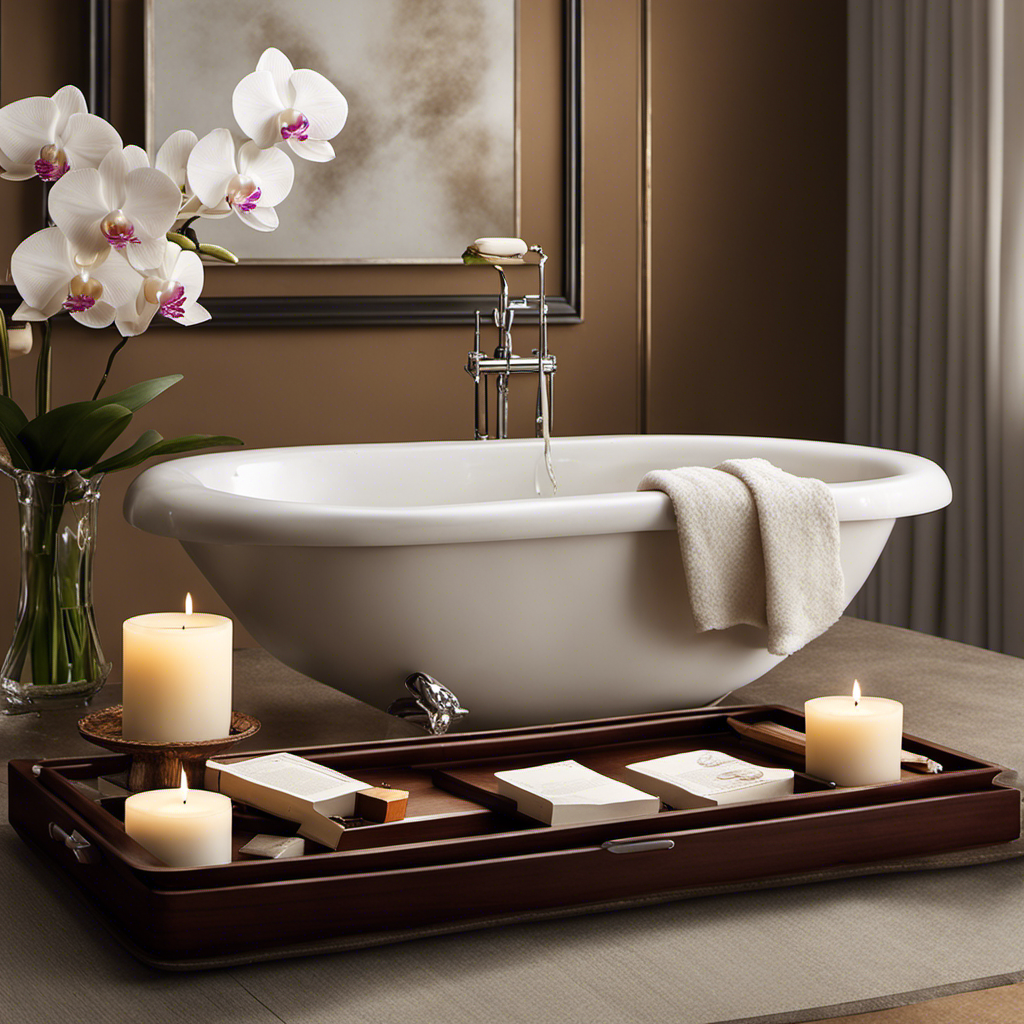 An image capturing the serene ambiance of a bathroom with a spacious bathtub, adorned with a wooden tray holding a delicate orchid, scented candles, a book, and a glass of wine, inviting relaxation and indulgence