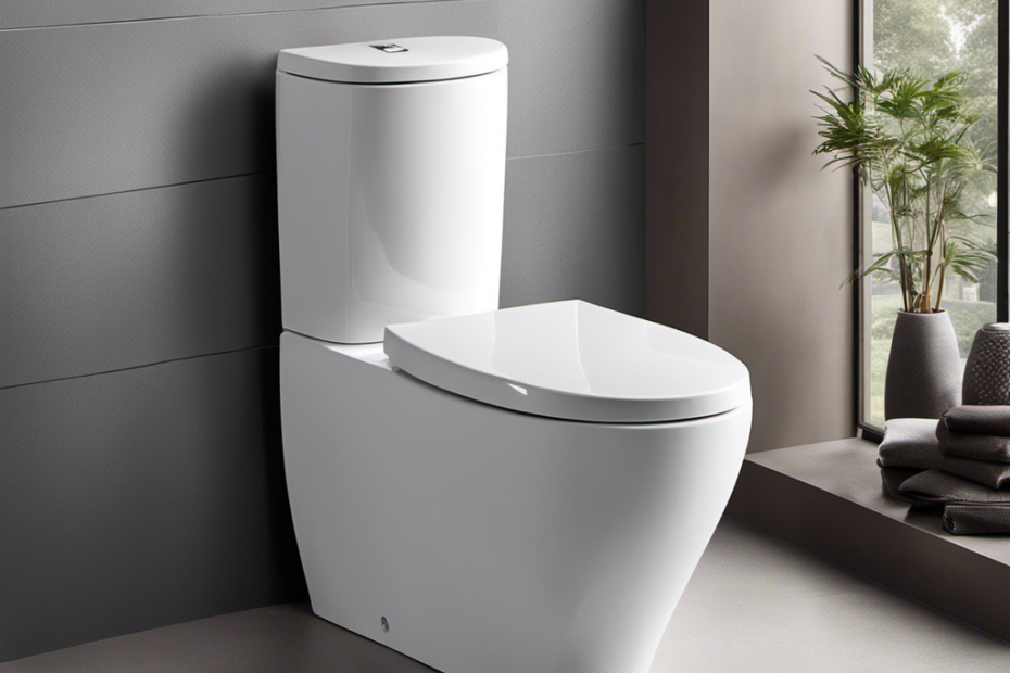 An image showcasing a modern, sleek toilet with a comfortable ergonomic design, a dual-flush mechanism, a smooth ceramic surface, and a water-saving feature, all set against a clean and spacious bathroom backdrop