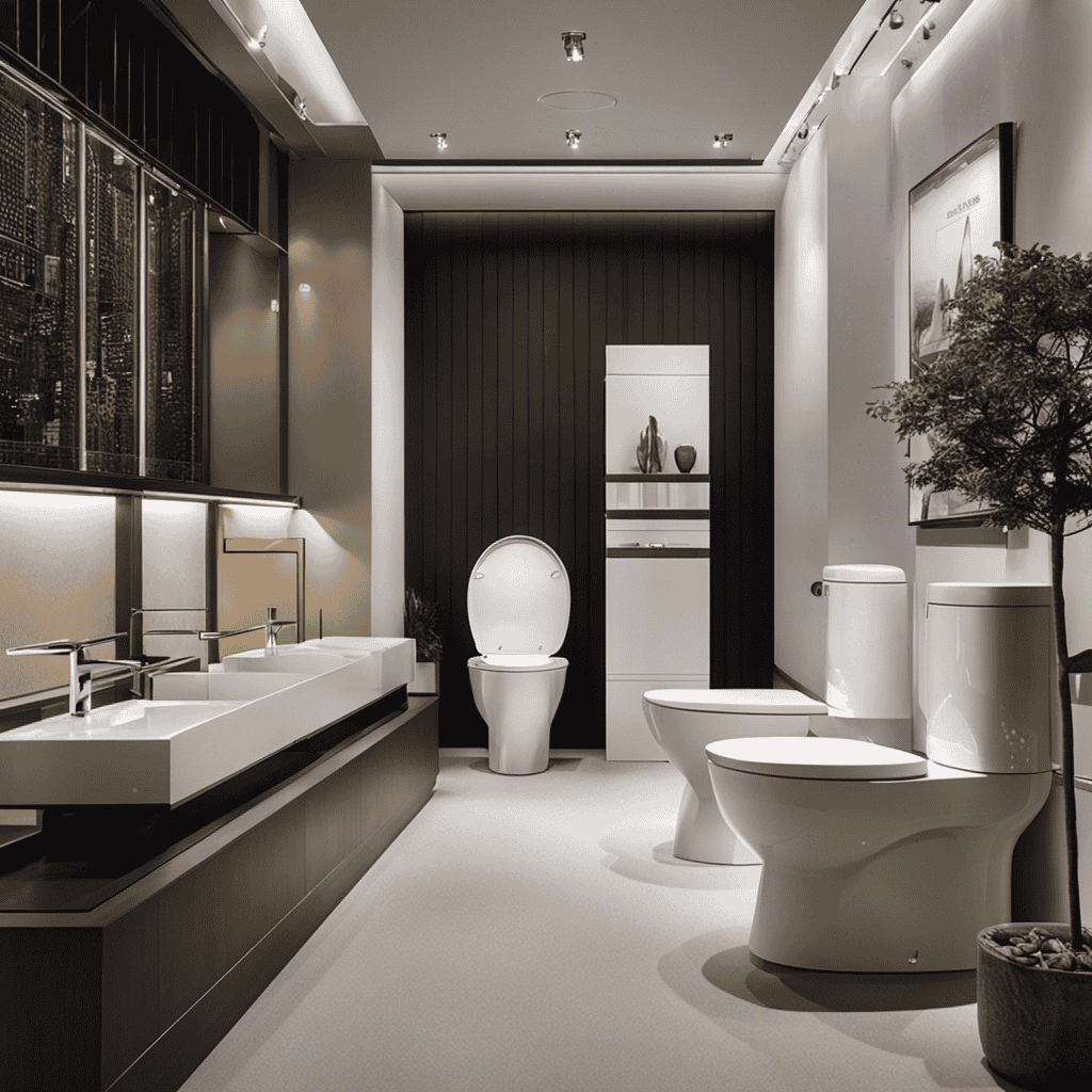 An image showcasing a variety of toilets in a spacious showroom, with different styles, colors, and features