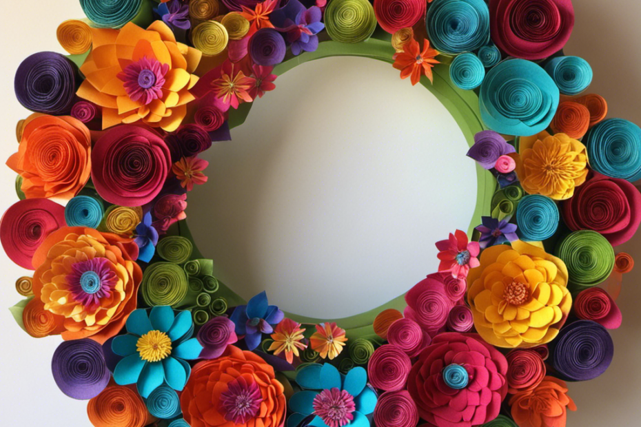 An image showcasing a colorful wreath made entirely from upcycled toilet paper rolls