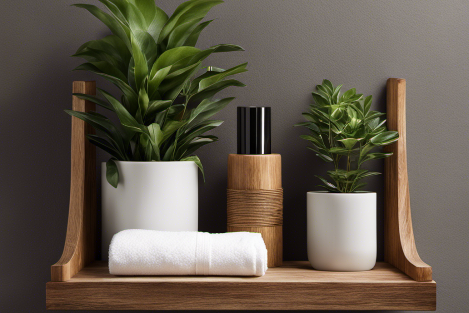 An image featuring a rustic wooden shelf adorned with a potted plant, a stack of neatly folded towels, and a small basket of scented candles, perfectly nestled above a sleek, modern toilet