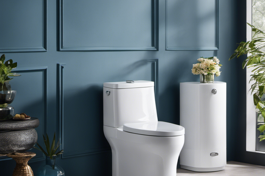 An image showcasing a crystal-clear toilet tank filled with a refreshing blend of blue cleansing solution, surrounded by gleaming porcelain
