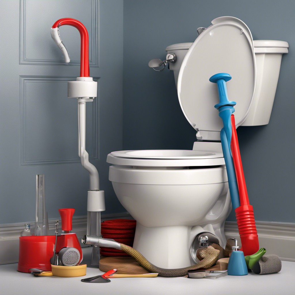 An image showcasing a plunger half-submerged in a toilet bowl, surrounded by a variety of effective unclogging tools such as a drain snake, rubber gloves, baking soda, vinegar, and a bucket of hot water