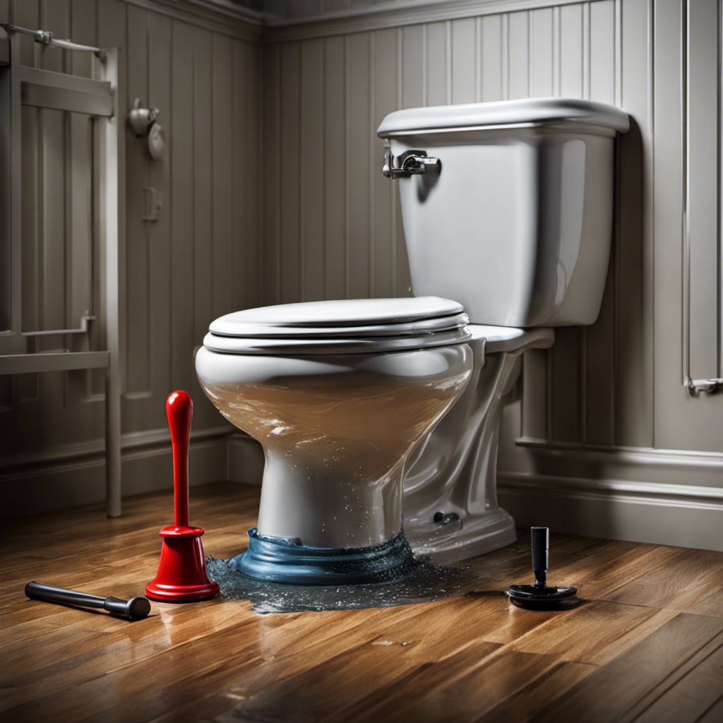 An image capturing the frustration of a clogged toilet, featuring a plunger and a bucket of water nearby